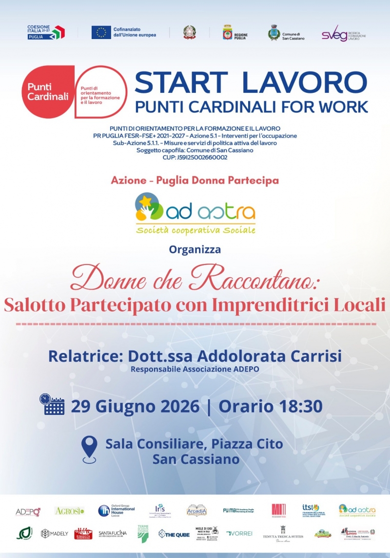 Punti Cardinali for Work. Progetto del Comune di San Cassiano_START LAVORO. Appuntamenti del 19 e 29 giugno 2026
