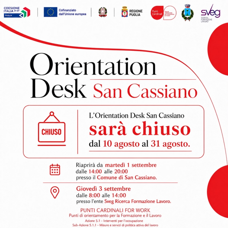 Punti Cardinali for Work_PROGETTO START LAVORO COMUNE DI SAN CASSIANO. ORIENTATION DESK- COMUNICAZIONE ORARI