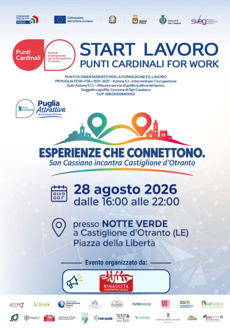 Punti Cardinali for Work. Progetto Start Lavoro_Comune di San Cassiano CUP: J59I25002660002. esperienze che connettono. San Cassiano incontra Castiglione d\'Otranto