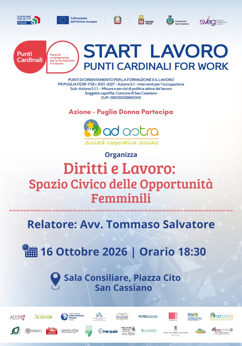 Punti Cardinali for Work_PROGETTO START LAVORO COMUNE DI SAN CASSIANO. Puglia Donna Partecipa del 16 ottobre 2026